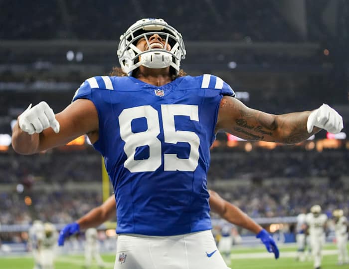 Indianapolis Colts tight end Drew Ogletree (85) celebrates a second half touchdown during the 27-38 Colts loss, Sunday., Oct 29, 2023, at Lucas Oil Stadium in Indianapolis.